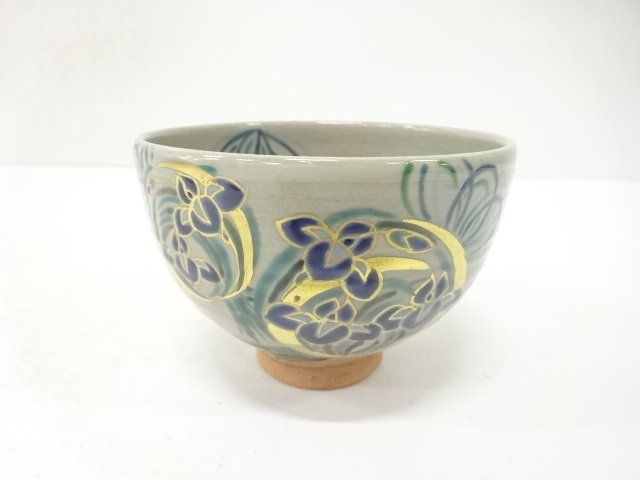 JAPANESE COLLECTIBLE / TEA BOWL / IROE / IRIS PAINTING / GOLD / BY MIT